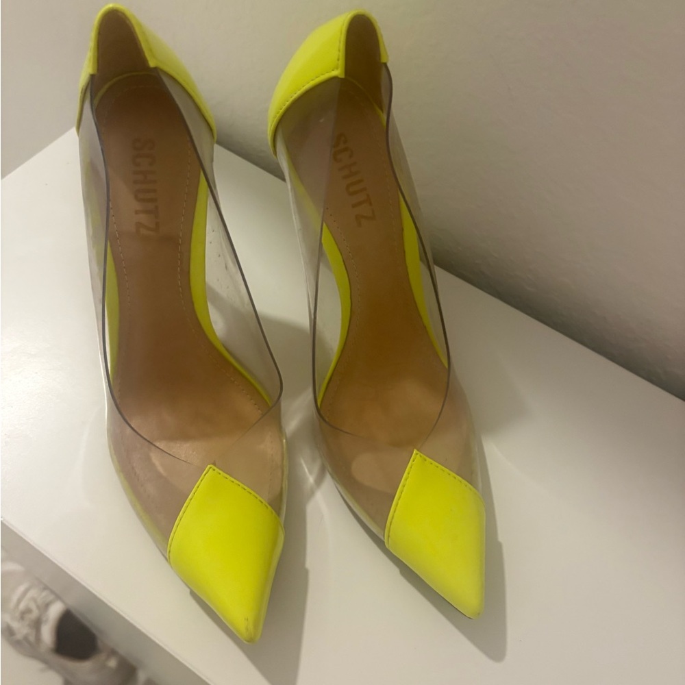 SCHUTZ Neon Yellow and Transparent Heels